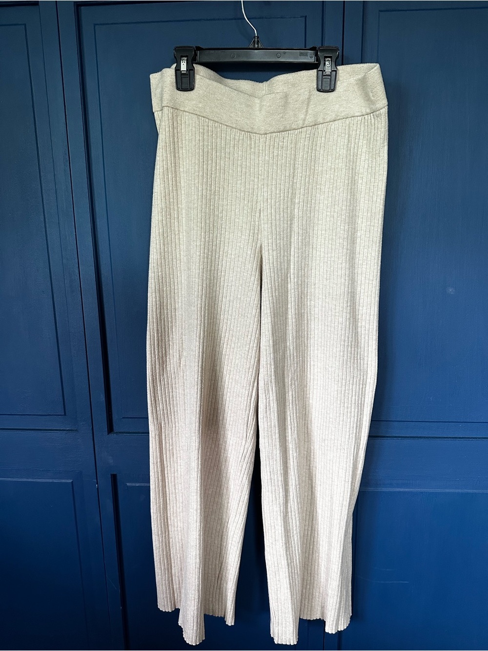 Pink Rose Ribbed Wide-Leg Knit Pants in Light Cream